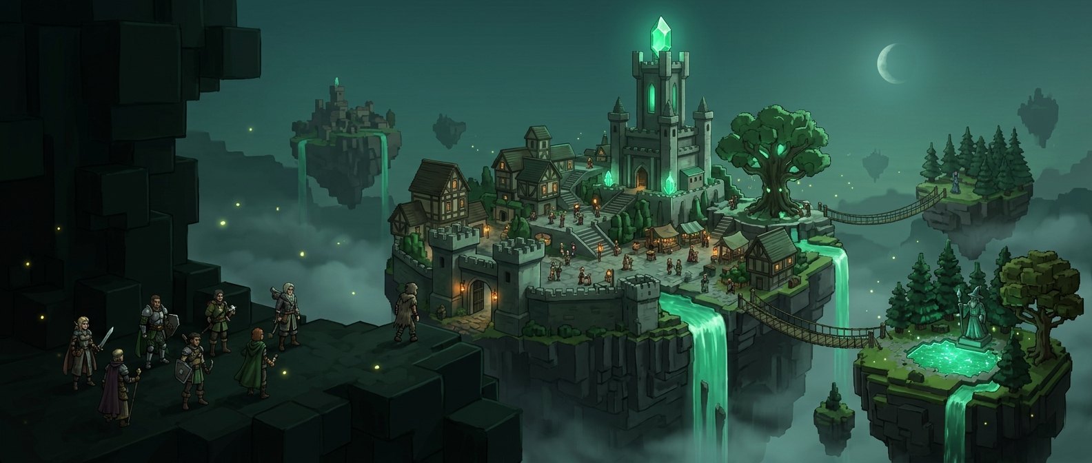 A floating castle city under a pale moon, emerald waterfalls falling into mist, adventurers gathered on a dark cliff in the foreground.